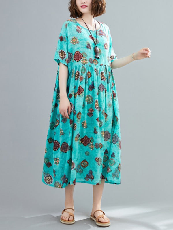 VINTAGE FLORAL ROUND-NECK SHORT SLEEVES DRESS