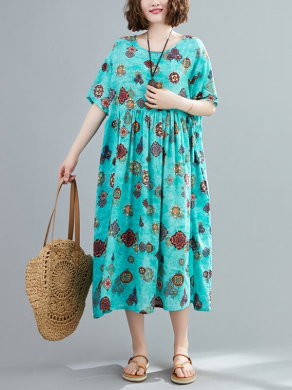 VINTAGE FLORAL ROUND-NECK SHORT SLEEVES DRESS