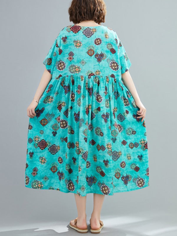 VINTAGE FLORAL ROUND-NECK SHORT SLEEVES DRESS