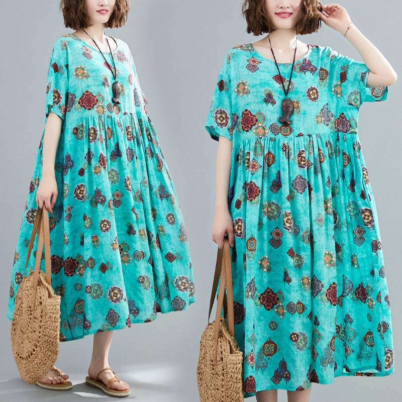VINTAGE FLORAL ROUND-NECK SHORT SLEEVES DRESS