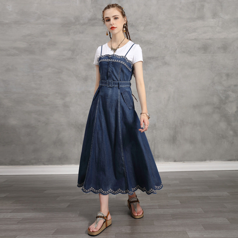 Large swing skirt vintage embroidered show thin denim dress