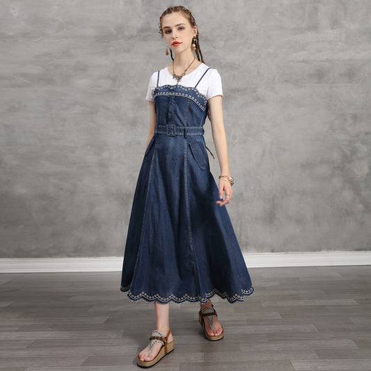 Large swing skirt vintage embroidered show thin denim dress