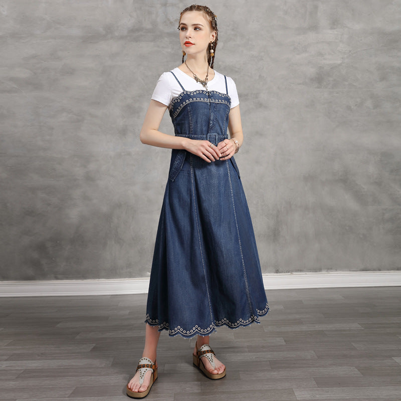 Large swing skirt vintage embroidered show thin denim dress