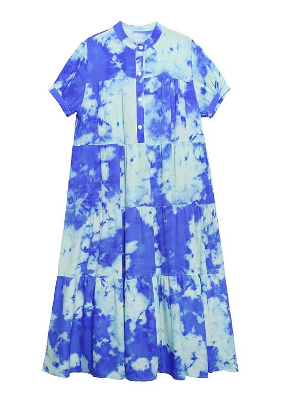 Fashion Tie-Dyed Bishop Sleeve A-Line Dress