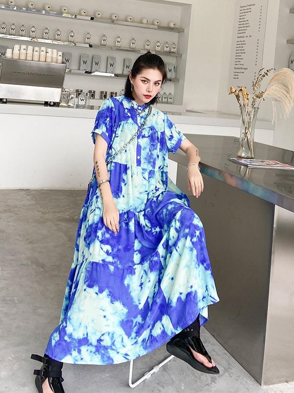 Fashion Tie-Dyed Bishop Sleeve A-Line Dress