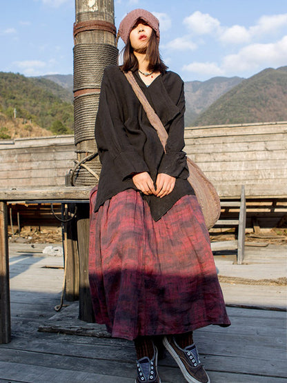 Artistic Retro Irregular Ramie Cotton Pleated V-Neck Long Sleeves T-Shirt