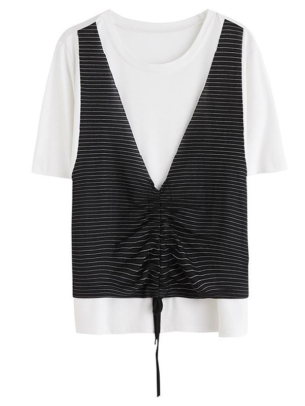 False Two Striped Split-Joint Drawstring T-Shirts
