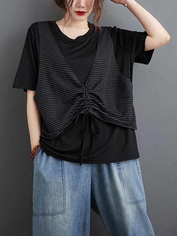 False Two Striped Split-Joint Drawstring T-Shirts