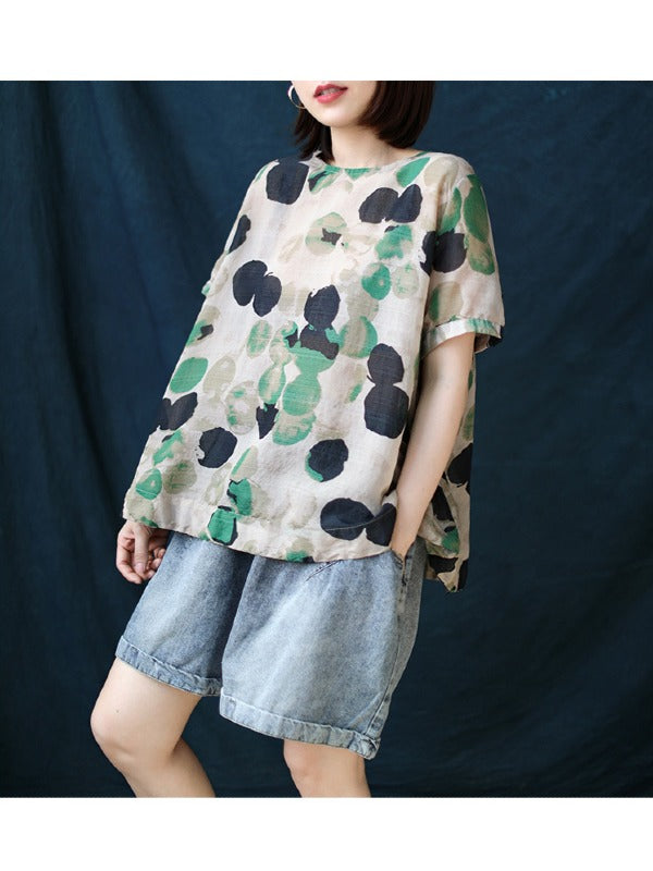 ARTISTIC RETRO POLKA-DOT ROUND-NECK T-SHIRT TOPS