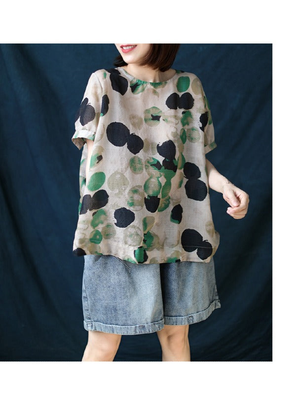 ARTISTIC RETRO POLKA-DOT ROUND-NECK T-SHIRT TOPS