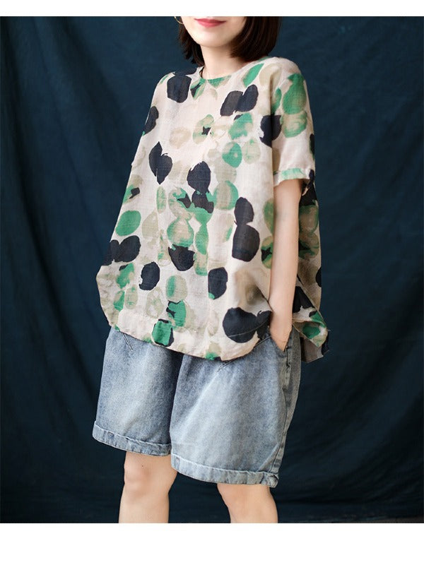 ARTISTIC RETRO POLKA-DOT ROUND-NECK T-SHIRT TOPS