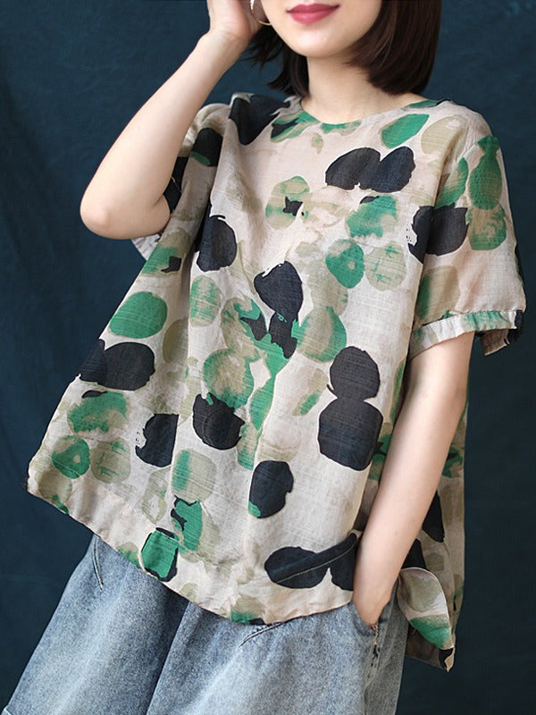 ARTISTIC RETRO POLKA-DOT ROUND-NECK T-SHIRT TOPS