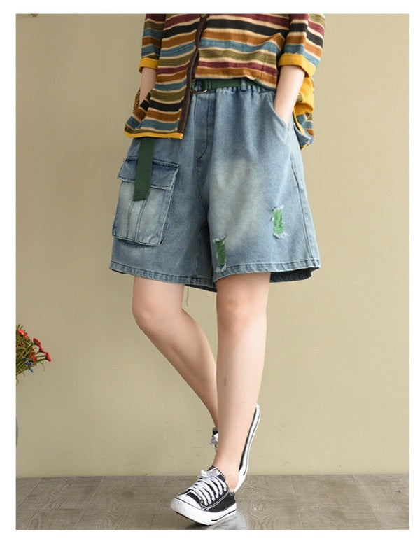 ARTISTIC HOLLOW DENIM WIDE LEG SHORTS