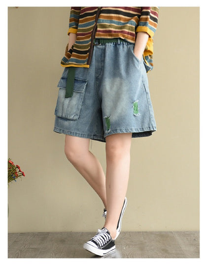 ARTISTIC HOLLOW DENIM WIDE LEG SHORTS