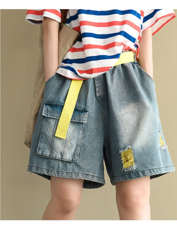 ARTISTIC HOLLOW DENIM WIDE LEG SHORTS