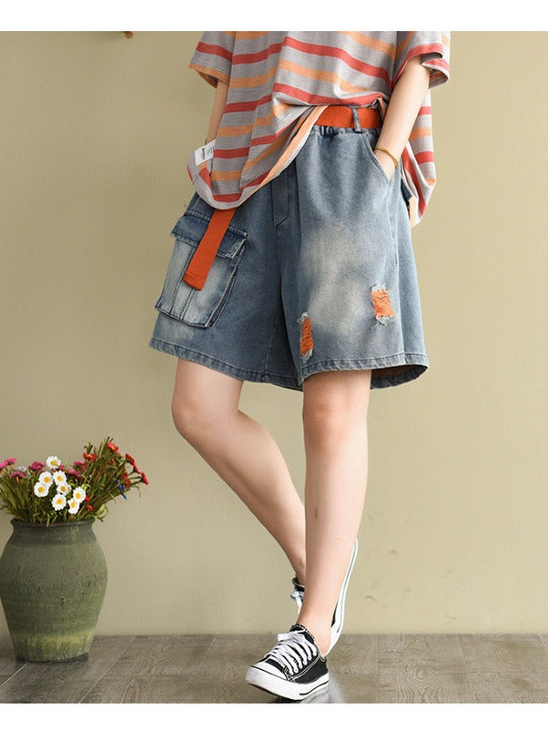 ARTISTIC HOLLOW DENIM WIDE LEG SHORTS