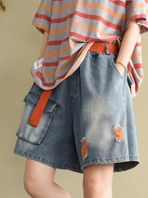 ARTISTIC HOLLOW DENIM WIDE LEG SHORTS