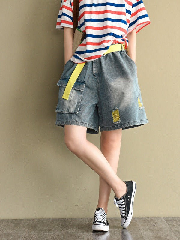 ARTISTIC HOLLOW DENIM WIDE LEG SHORTS