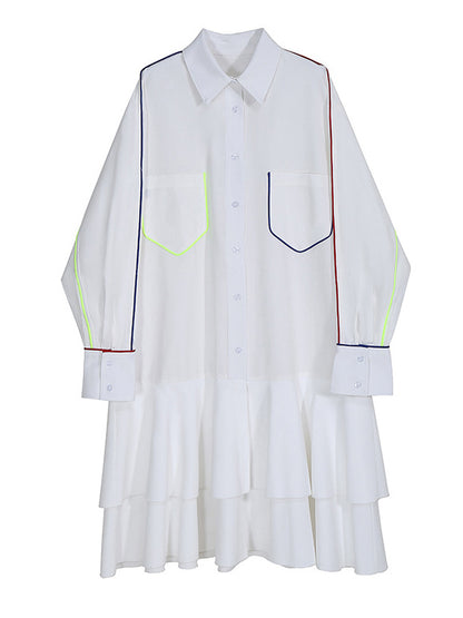 Original Falbala Pleated Split-Joint With Pocket Buttoned Lapel Collar Long Sleeves Midi Shirt Dress