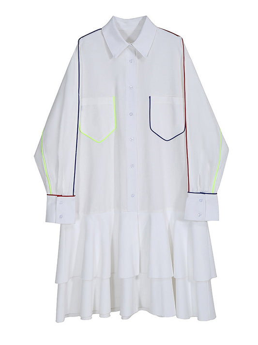 Original Falbala Pleated Split-Joint With Pocket Buttoned Lapel Collar Long Sleeves Midi Shirt Dress