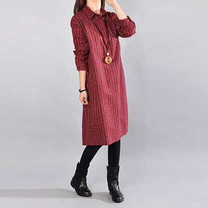 Casual Women Printed Cotton Polyester Dark Red Dress