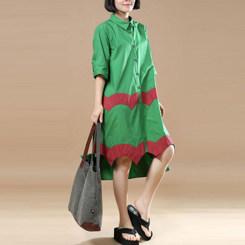 Women Vintage Casual Splicing Summer Irregular Green Shirt Dress
