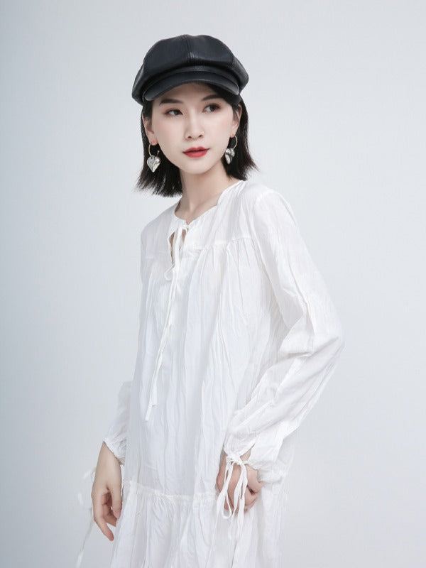 Loose Solid Pleated Lace Up Dress