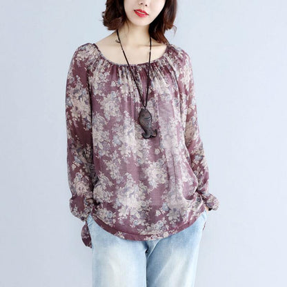 Retro Floral Printed Women Long Sleeve Purple Red Shirt
