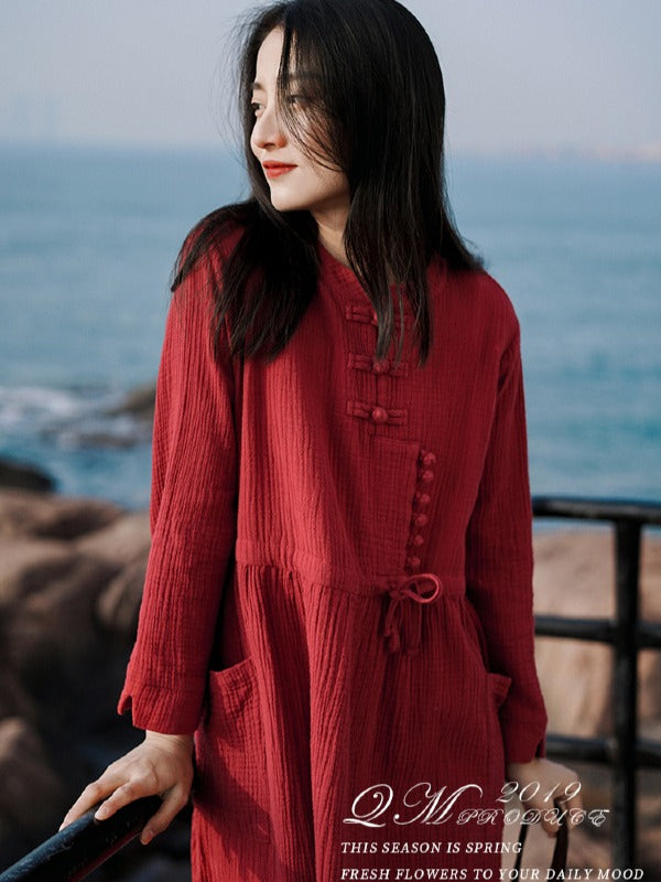 VINTAGE ELASTIC WAIST BUCKLE LACE-UP DRESS