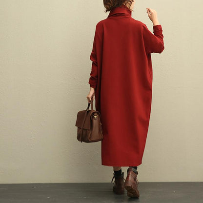 Literature Turtle Neck Long Sleeves Cotton Spandex Red Women Dress