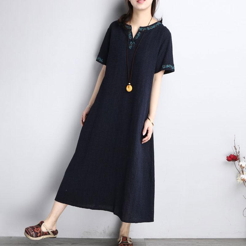 Summer Embroidery Short Sleeve Loose Navy Blue Dress