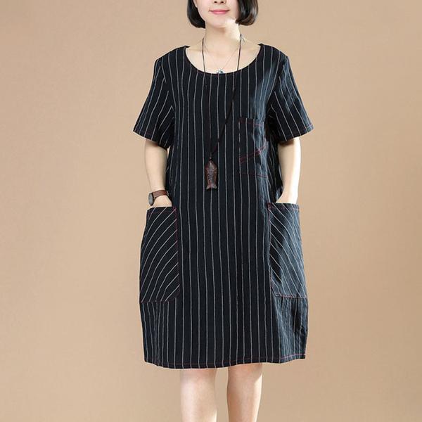 Stripe Women Loose Casual Short Sleeve Dark Coffee Dress