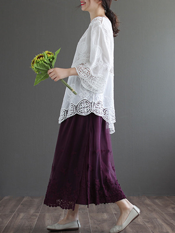 Cotton Blend Embroidered  Hollow V-Neck T-Shirts Tops