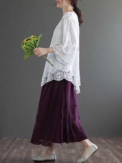 Cotton Blend Embroidered  Hollow V-Neck T-Shirts Tops