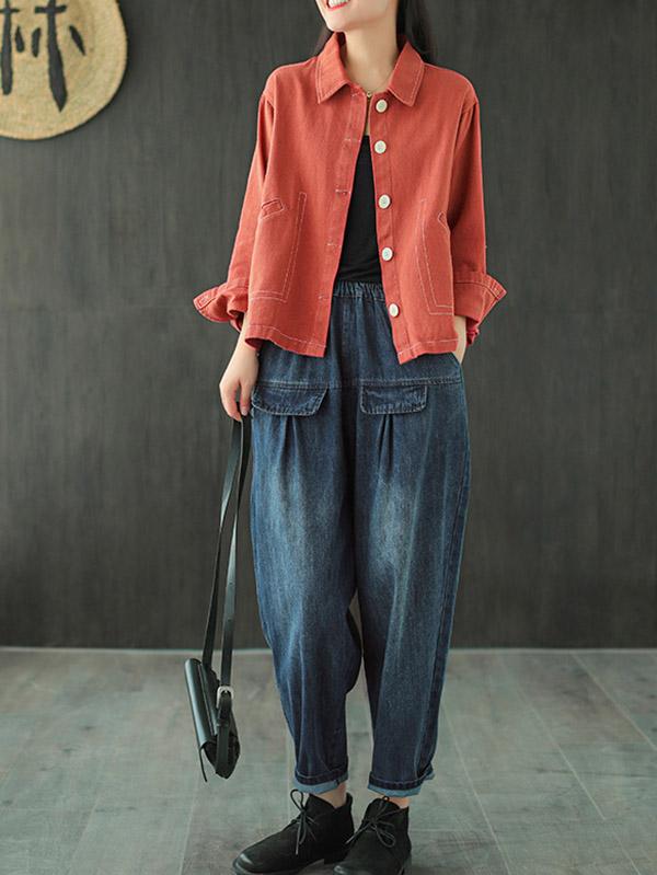 Leisure Solid Denim Puff Pants Bottoms