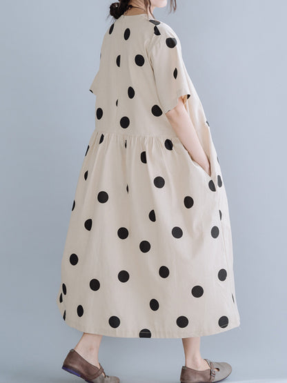 Simple Asymmetric Polka-Dot V-Neck Loose Short Sleeves Midi Dress