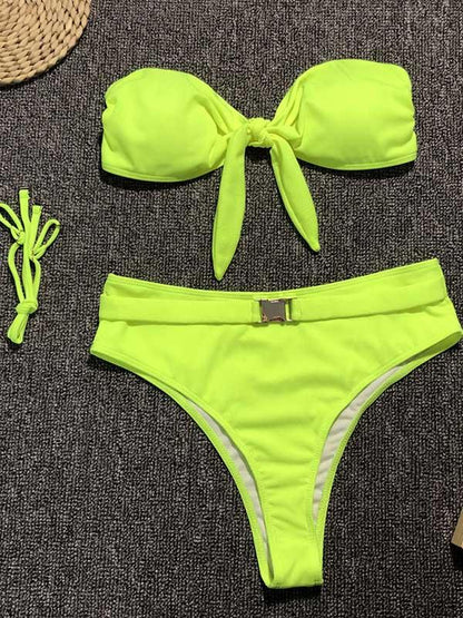 Leopard Print Bowknot High Waisted Bikini Swimsuit