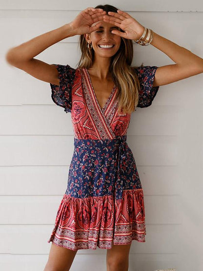 Printed Belted V-neck Mini Dress