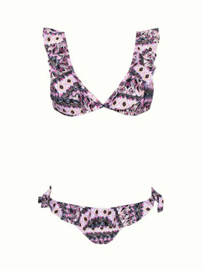 Lace Up Printed Falbala Bikini