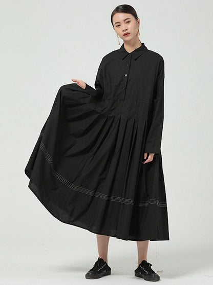 Casual Solid Color Buttoned Pleated Lapel Collar Long Sleeves Midi Dress