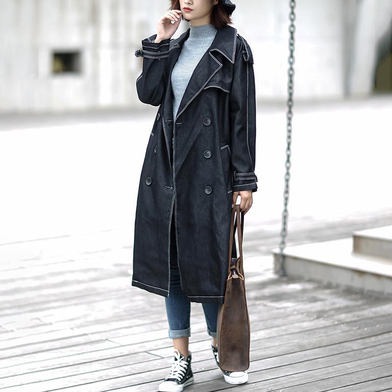 Cotton Solid Sashes Casual Office Lady Denim Coat