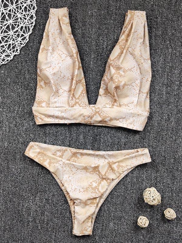 Snake-Print Deep V-Neck Split Bikini Swimsuit