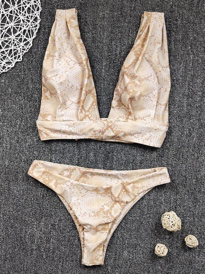 Snake-Print Deep V-Neck Split Bikini Swimsuit