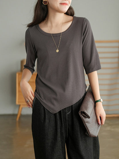 Simple Asymmetric Irregular Clipping Round-Neck Short Sleeves T-Shirt