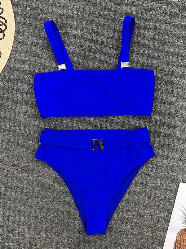 Solid Color Metal Buckle Bikini Swimsuit
