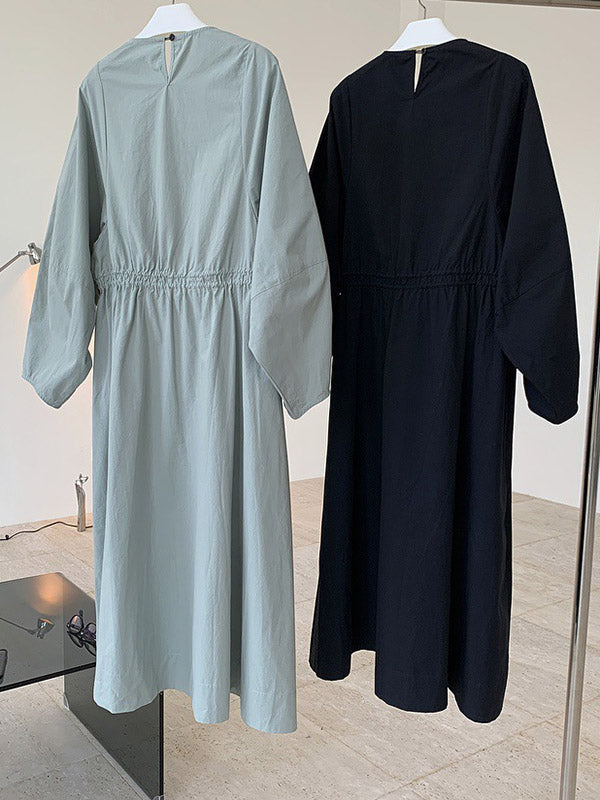 Simple Solid Color Round-Neck Pleated Long Sleeves Midi Dress