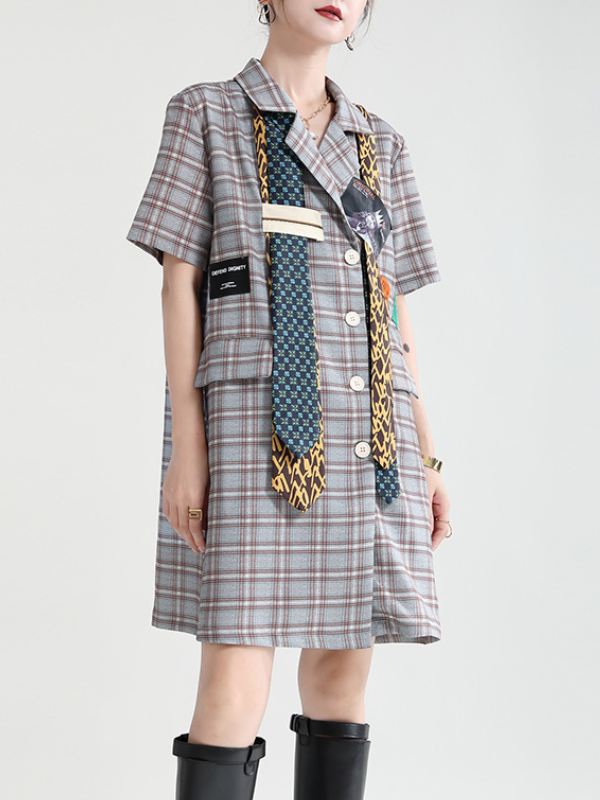 Urban Asymmetric Plaid Double Breasted Notched Collar Short Sleeves Mini Dress