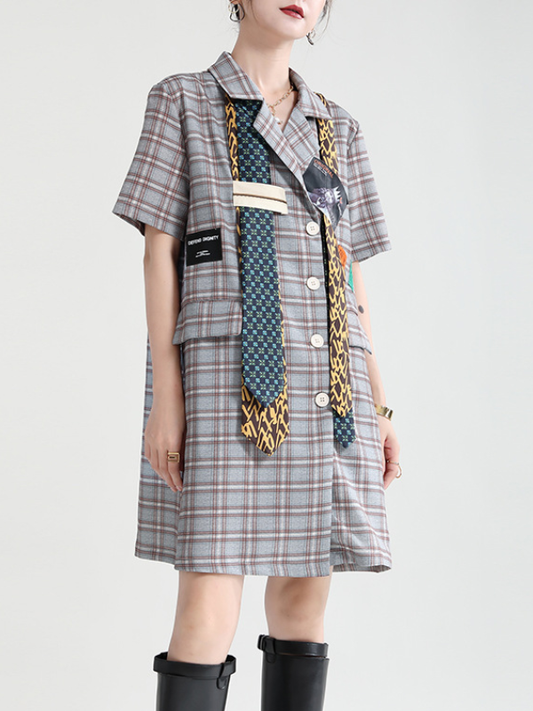 Urban Asymmetric Plaid Double Breasted Notched Collar Short Sleeves Mini Dress