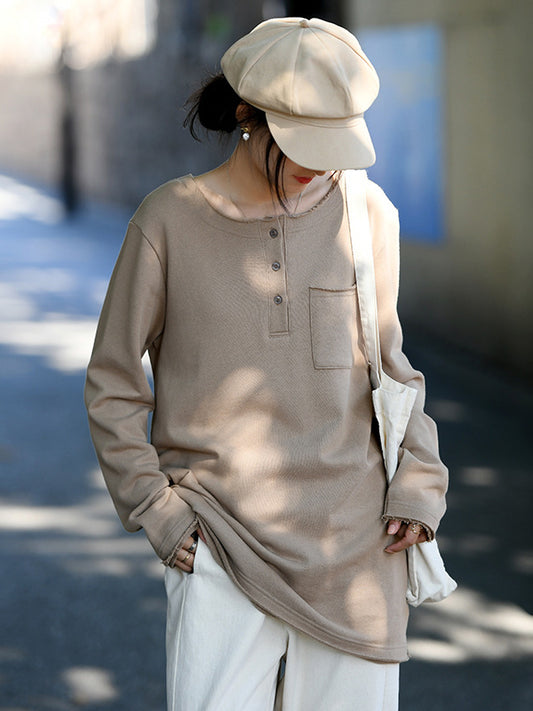 Artistic Retro Long Sleeves Loose Solid Color Round-Neck T-Shirts Tops