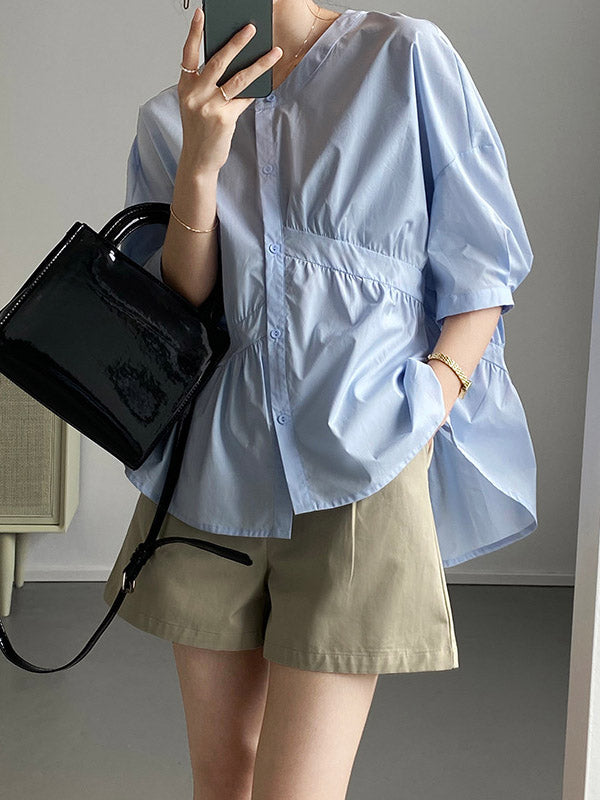 Stylish White&Blue Asymmetric High-Low Half Sleeves Blouses